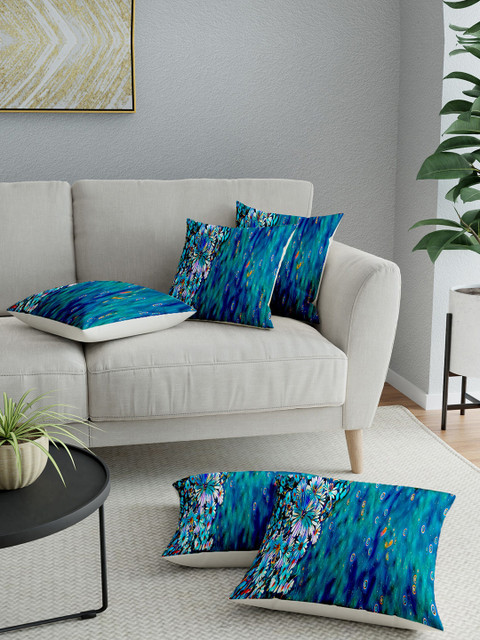 

LA VERNE Blue Set of 5 Floral Square Cushion Covers