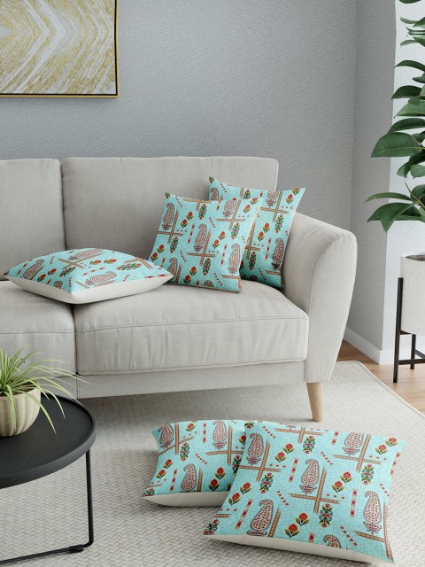 

LA VERNE Turquoise Blue & White Set of 5 Ethnic Motifs Square Cushion Covers