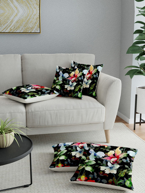 

LA VERNE Set of 5 Floral Square Cushion Covers, Black