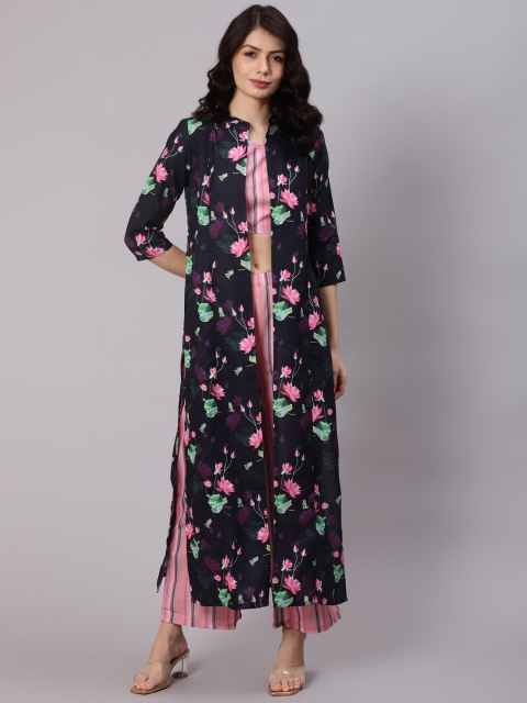 

Awadhi Women Pink Printed Crop Top with Palazzos with Jacket