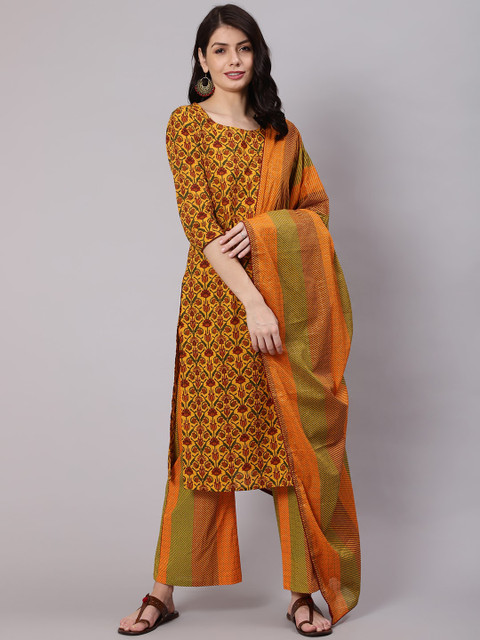 

Awadhi Women Mustard Yellow Floral Printed Pure Cotton Kurta with Trousers & With Dupatta