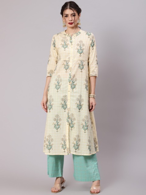 

Awadhi Women Cream-Coloured Floral Printed Panelled Pure Cotton Kurti with Palazzos