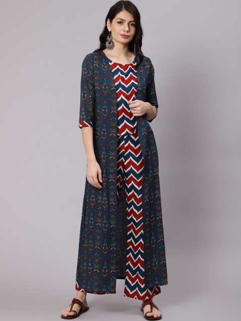 

Awadhi Women Blue Striped Pure Cotton Top with Palazzos & Jacket