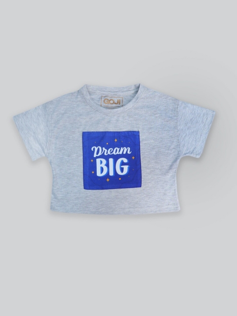 

GOJI Girls Grey Melange & Blue Printed Crop Top