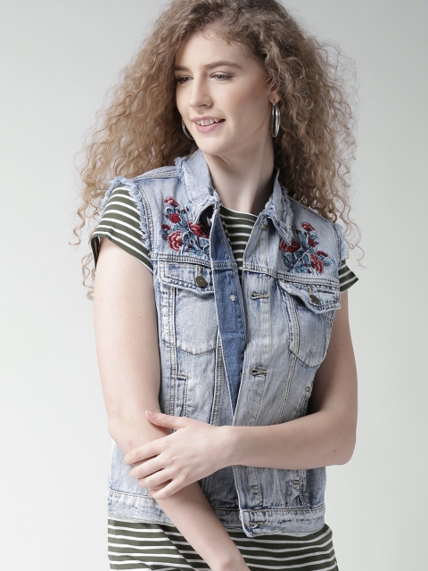 

FOREVER 21 Women Blue Solid Sleeveless Denim Jacket