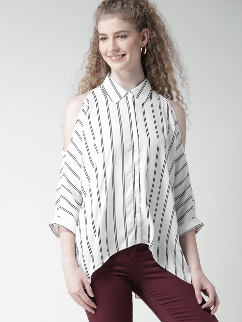 

FOREVER 21 Women White Striped Cold Shoulder Shirt