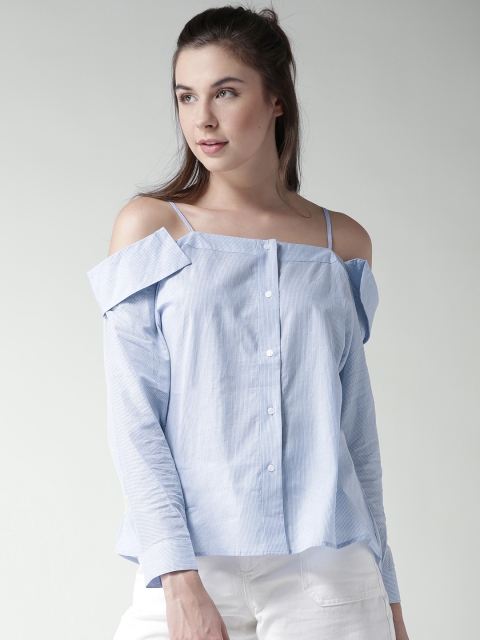 

FOREVER 21 Women Blue Pinstriped Bardot Top