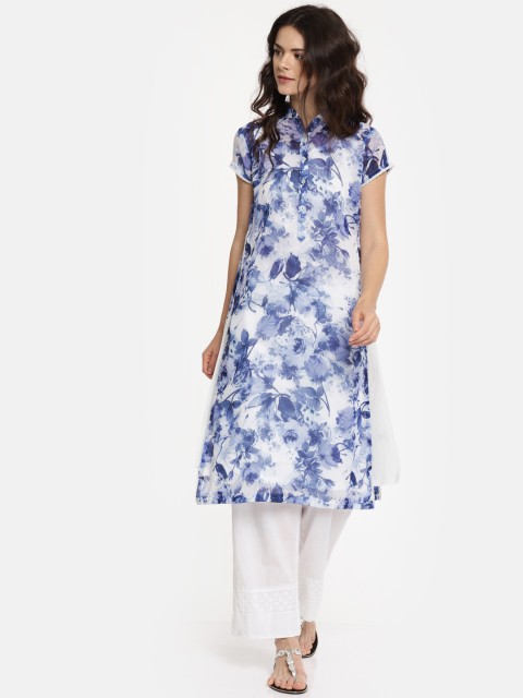 

Biba Women Blue & White Floral Print Layered Straight Kurta