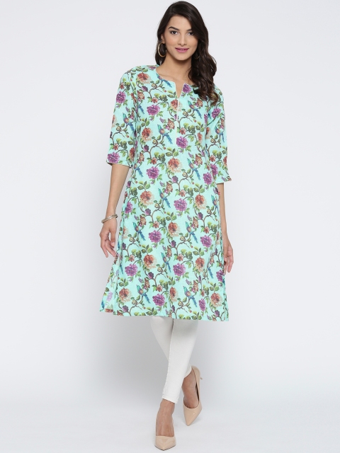 

Biba Women Sea Green Floral Printed Straight Kurta
