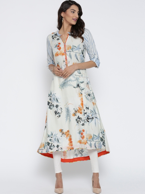 

Biba Women Off-white & Blue Floral Print A-Line Kurta