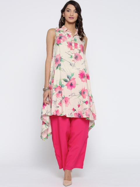 

Biba Women Off-White & Pink Floral Print Asymmetric A-Line Kurta