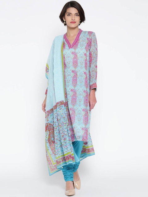 

Biba Women Blue & Pink Printed Kurta with Churidar & Dupatta