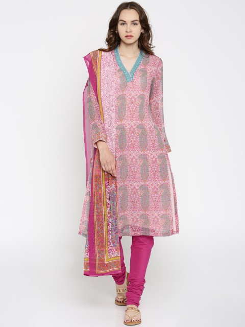 

Biba Women Pink & Blue Printed Kurta with Churidar & Dupatta