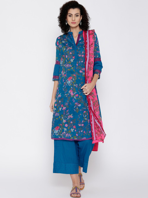 

Biba Women Teal Blue & Pink Floral Print Pure Cotton Kurta with Palazzos & Dupatta