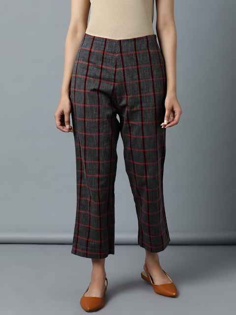 

Indian Dobby Women Grey Checked Straight Fit checked Trousers