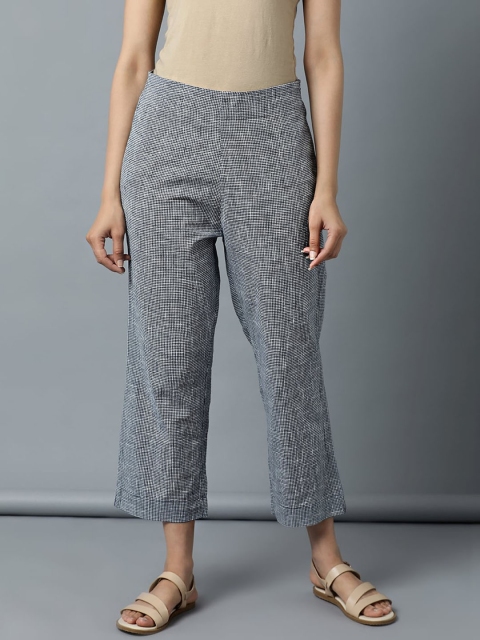

Indian Dobby Women Blue Small Checks Straight Fit Trousers
