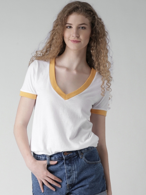 

FOREVER 21 Women White Solid V-Neck T-shirt