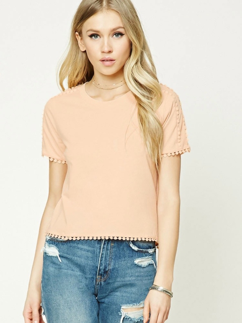 

FOREVER 21 Women Peach-Coloured Crochet Detail Top