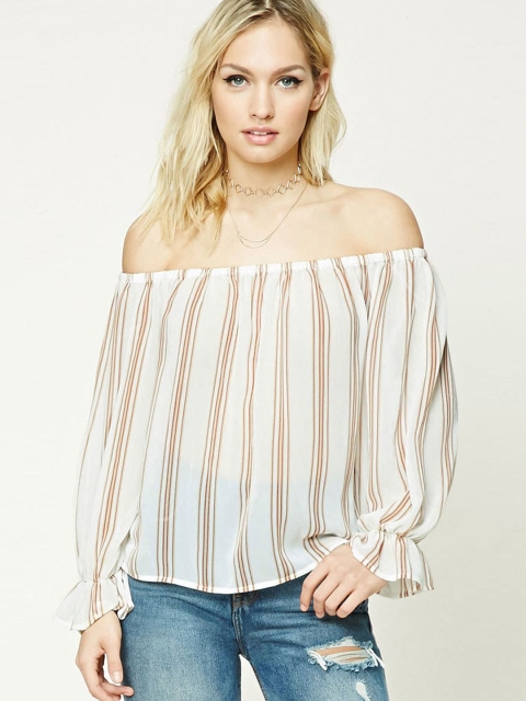 

FOREVER 21 Women Off-White Striped Sheer Bardot Top