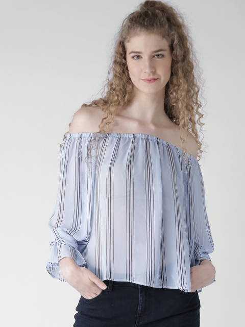 

FOREVER 21 Women Blue Striped Bardot Top