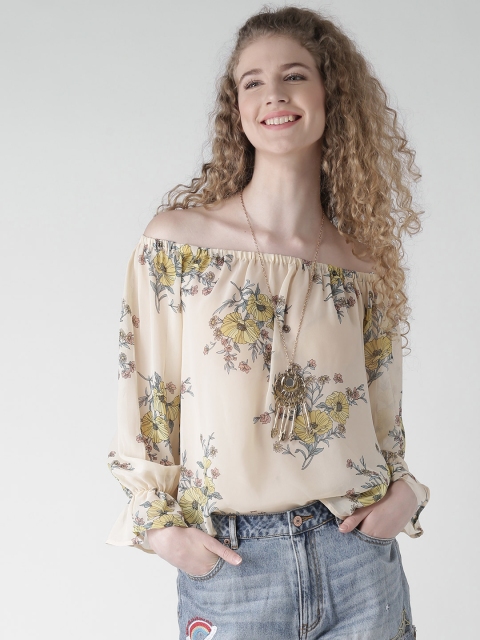 

FOREVER 21 Women Beige Sheer Printed Bardot Top