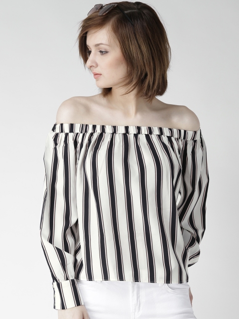 

FOREVER 21 Women White Striped Bardot Top