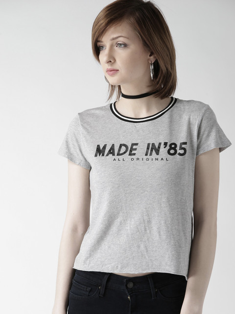 

FOREVER 21 Women Grey Melange Printed Round Neck T-shirt