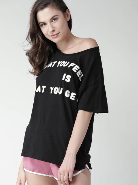 

FOREVER 21 Women Black Printed Round Neck T-shirt