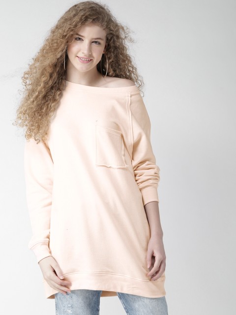 

FOREVER 21 Women Peach-Coloured Solid Boxy Sweatshirt