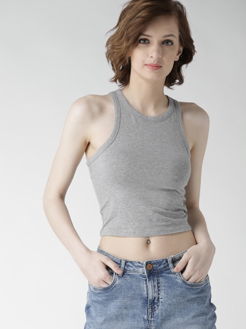 

FOREVER 21 Women Grey Melange Solid Crop Tank Top