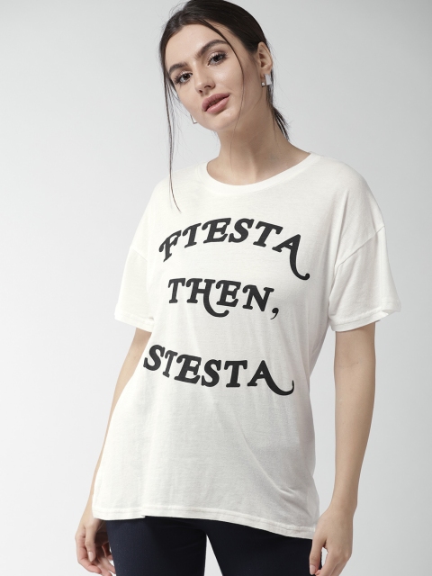 

FOREVER 21 Women White Printed Round Neck T-shirt