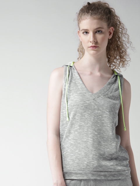 

FOREVER 21 Women Grey Melange Solid Hooded Styled Back Top