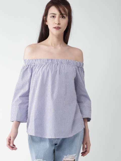 

FOREVER 21 Women Blue Striped Bardot Top