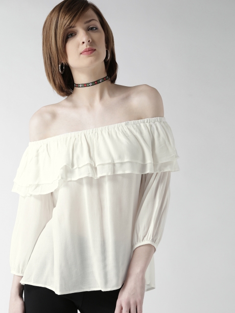 

FOREVER 21 Women White Solid Bardot Top