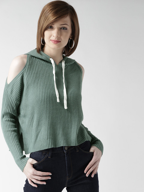 

FOREVER 21 Women Green Self-Striped Cold Shoulder Hooded Sweater