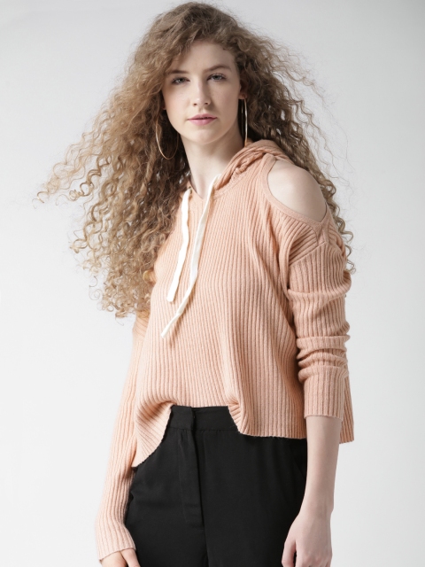 

FOREVER 21 Women Peach-Coloured Self-Striped Hooded Boxy Top
