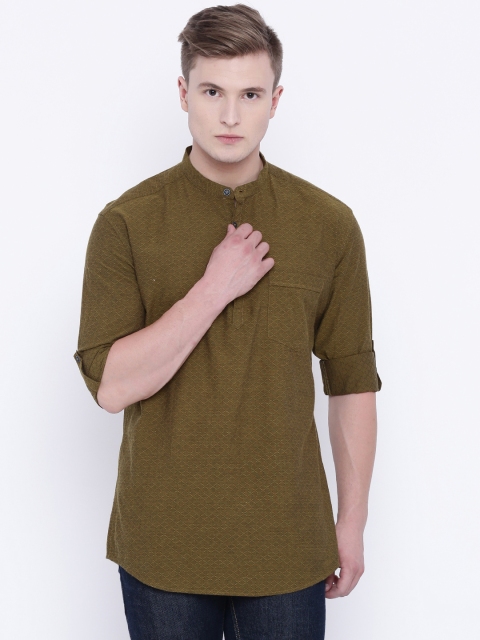 

British Club Men Mustard Brown Woven Design Straight Kurta