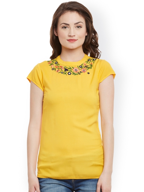 

The Vanca Women Yellow Embroidered Styled Back Top