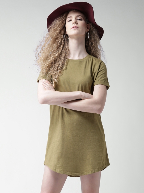 

FOREVER 21 Women Olive Green Solid T-shirt Dress