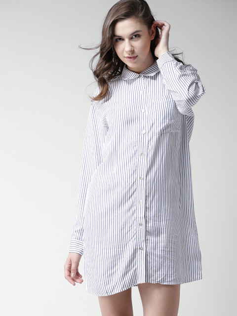 

FOREVER 21 Women White & Blue Striped Shirt Dress
