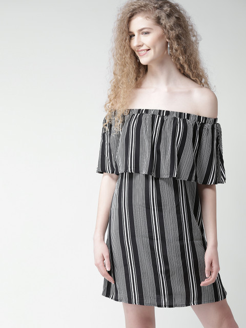 

FOREVER 21 Women Black Striped Layered Off-Shoulder Shift Dress