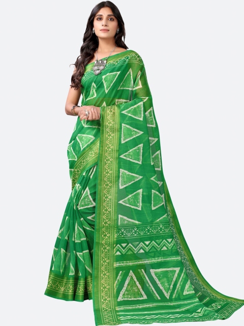 

KALINI Green & White Zari Block Print Saree