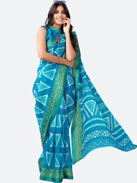 

KALINI Blue & White Geometric Printed Block Print Poly Cotton Saree
