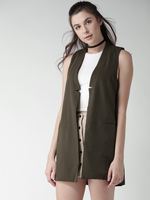 

FOREVER 21 Women Olive Green Solid Longline Open Front Jacket