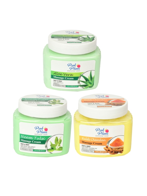 

Pink Plums Set of Aloe Vera + Neem Tulsi + Haldi Chandan Massage Cream - 500 ml Each, Green