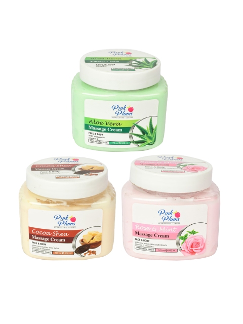 

Pink Plums Set of Aloe Vera + Rose and Mint + Cocoa Shea Massage Cream - 500 ml Each, Green