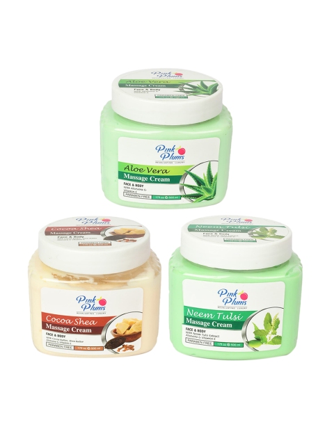 

Pink Plums Set of Aloe Vera & Neem Tulsi & Cocoa Shea Massage Cream - 500 ml Each, Green