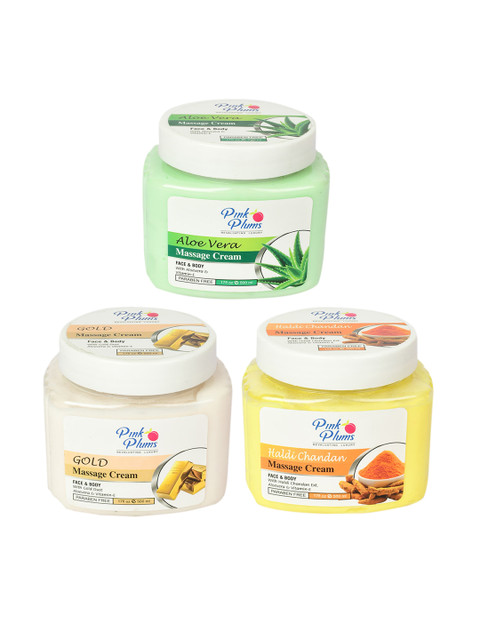 

Pink Plums Set of Aloe Vera + Haldi Chandan + Gold Face & Body Massage Cream - 500 ml Each, Green