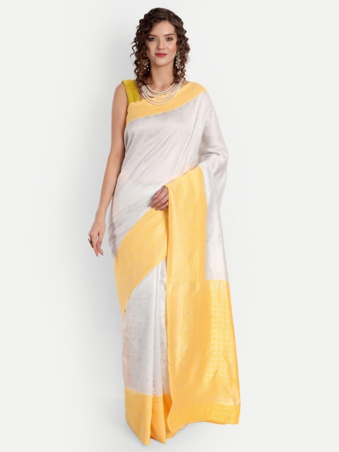 

ASPORA Off White & Yellow Floral Zari Silk Blend Banarasi Saree