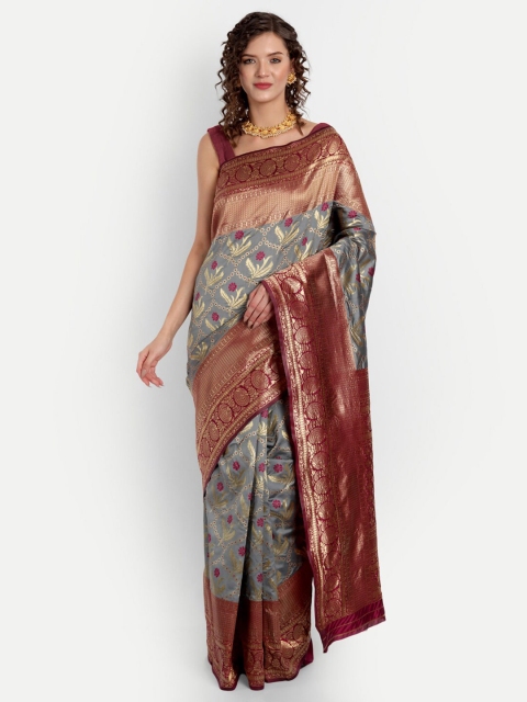 

ASPORA Grey & Maroon Floral Zari Silk Blend Kanjeevaram Saree